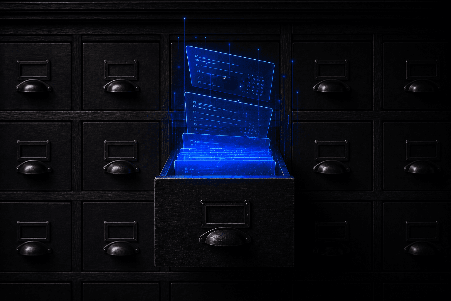 Cajón de un fichero antiguo entreabierto del que salen fichas de luz azul con datos, como un archivo que cobra vida