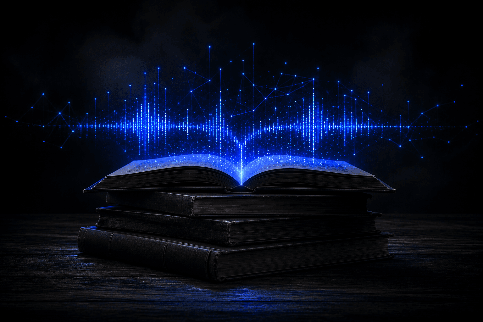 Pila de libros antiguos abiertos de los que se eleva una onda de datos azul, como si el conocimiento se convirtiera en señal