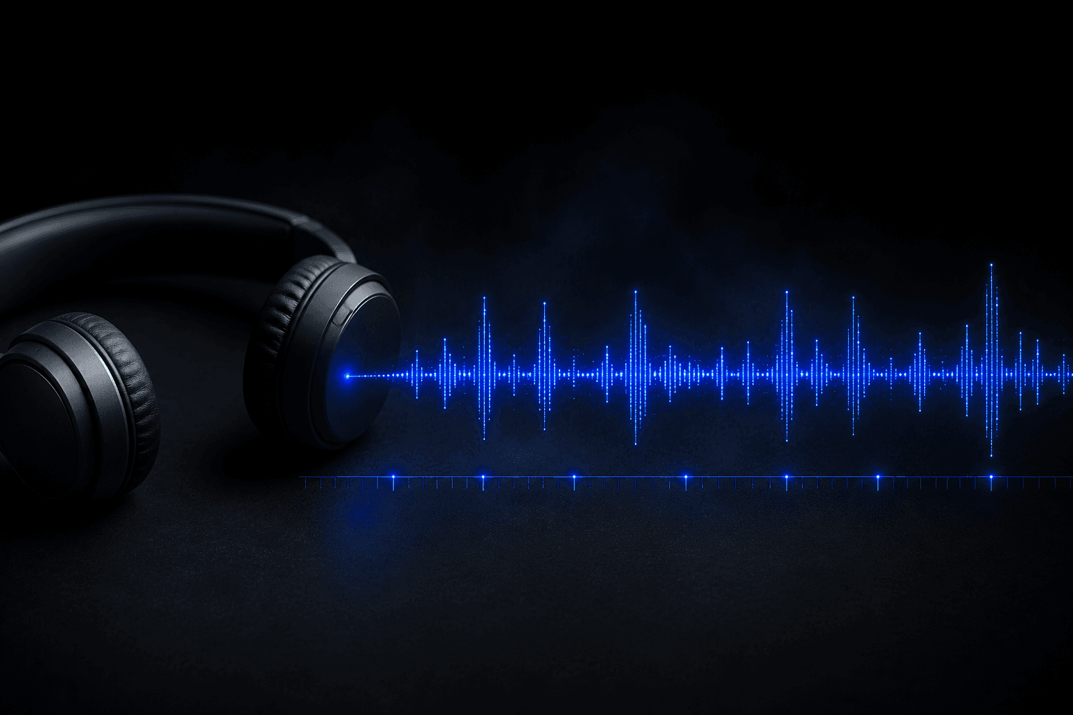 Auriculares sobre una superficie oscura con la forma de onda de una voz iluminada en azul