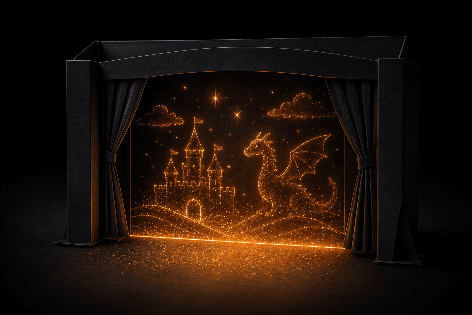 Teatrillo de sombras en tonos ámbar con un castillo y un dragón recortados en luz, como escenario de un cuento
