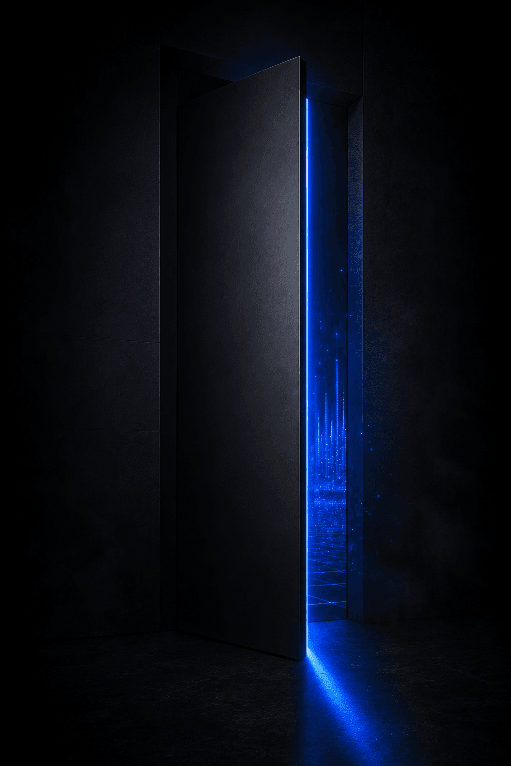 Una puerta oscura entreabierta con una línea de luz azul intensa filtrándose desde el otro lado