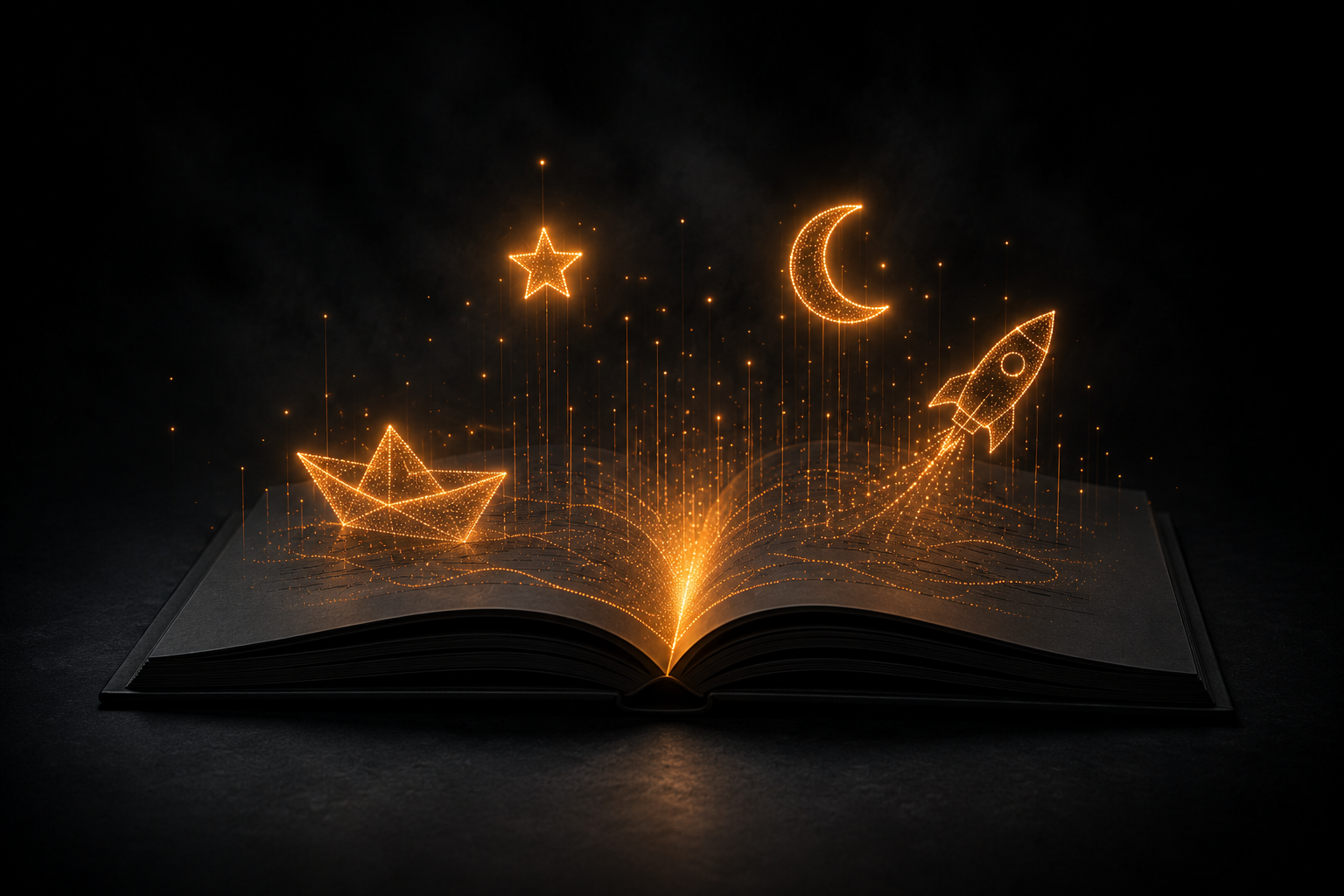 Un libro abierto del que se elevan un barquito, una estrella, una luna y un cohete hechos de puntos de luz ámbar