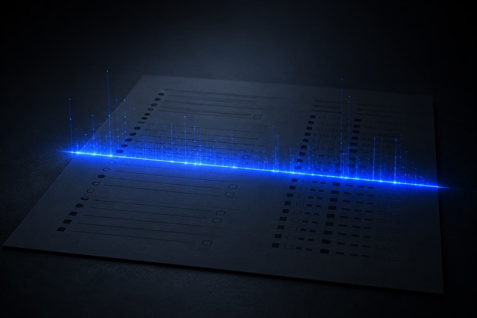 Una hoja de examen escaneada por una banda de luz azul que convierte las respuestas en datos