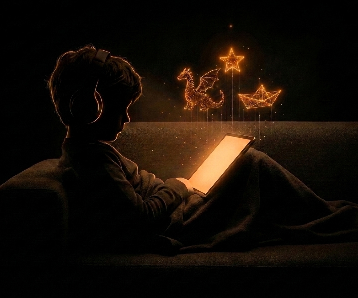 Un niño en silueta con auriculares, acurrucado en el sofá; de la tablet en sus rodillas se elevan un dragoncito, una estrella y un barquito de papel hechos de puntos de luz ámbar